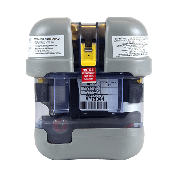 Front view of an M20.2 escape breathing device used for emergency respiratory protection.